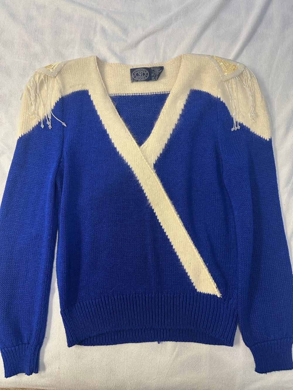 Jennifer Moore Royal Blue V-Neck Wrap Sweater with Cream Trim